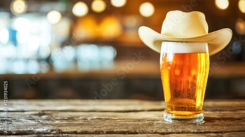 A frosty beer glass topped with a cowboy hat, set against a warm, inviting background with bokeh lights, creating a fun and rustic atmosphere.