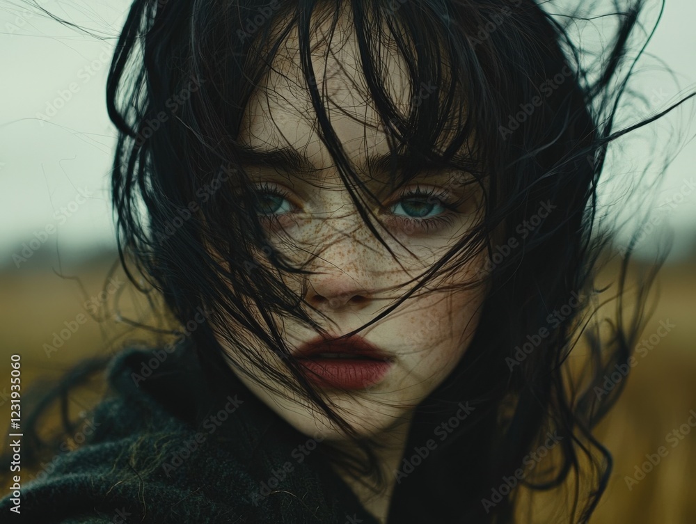 Captivating Close-up of Young Woman with Windswept Hair and Freckles Captivating Close-up of Young Woman with Windswept Hair and Freckles
