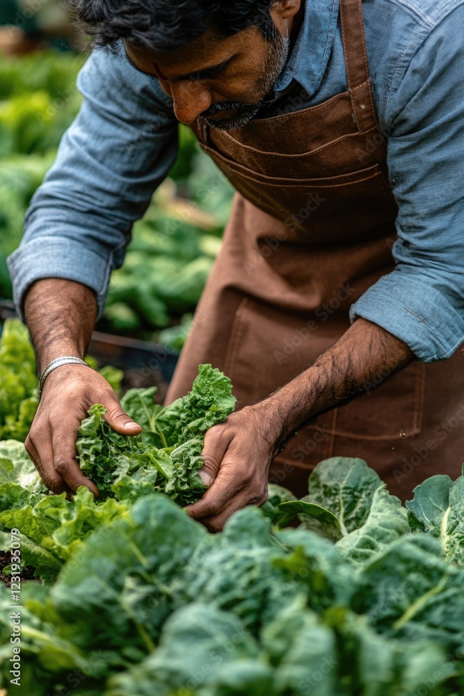 Fototapeta premium A person in an apron harvesting lettuce from a garden bed