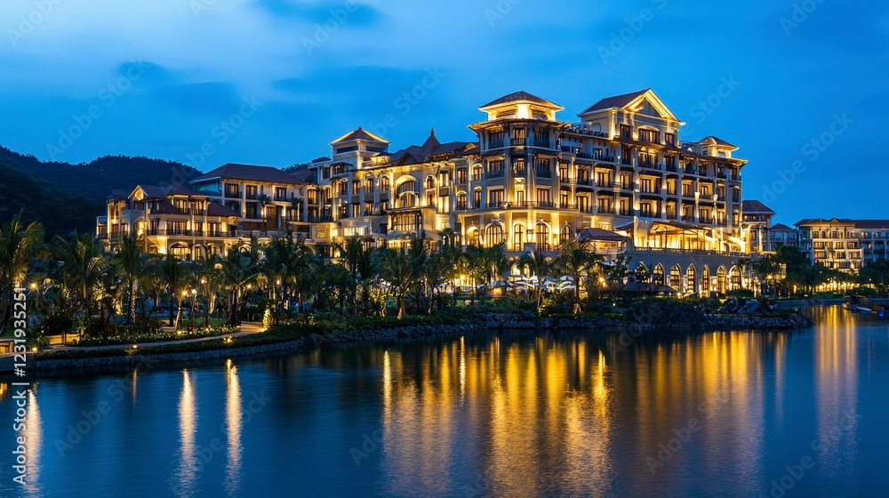 Fototapeta premium Majestic Hotel at Dusk with Beautiful Reflection on Water