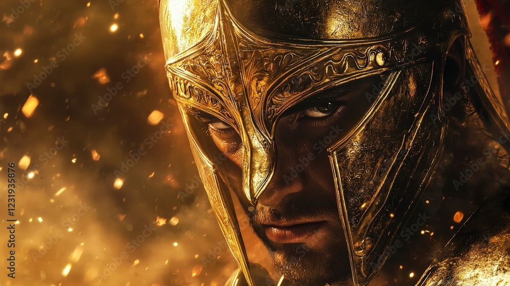 Obraz premium Heroic Warrior in Golden Armor Facing Epic Battle Scene