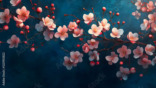3D wallpaper with pink and white flowers, plum blossoms, dark blue background, 