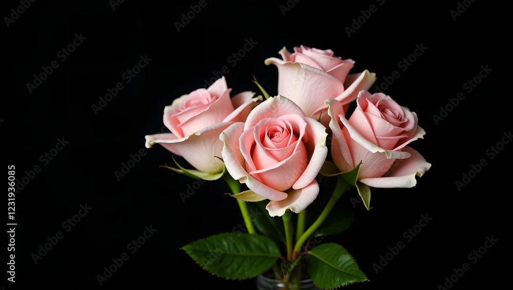 A graceful bouquet of soft pink roses, their petals delicately layered and fresh with dew, surrounded by tender green leaves, placed on a dark black background A graceful bouquet of soft pink roses, their petals delicately layered and fresh with dew, surrounded by tender green leaves, placed on a dark black background