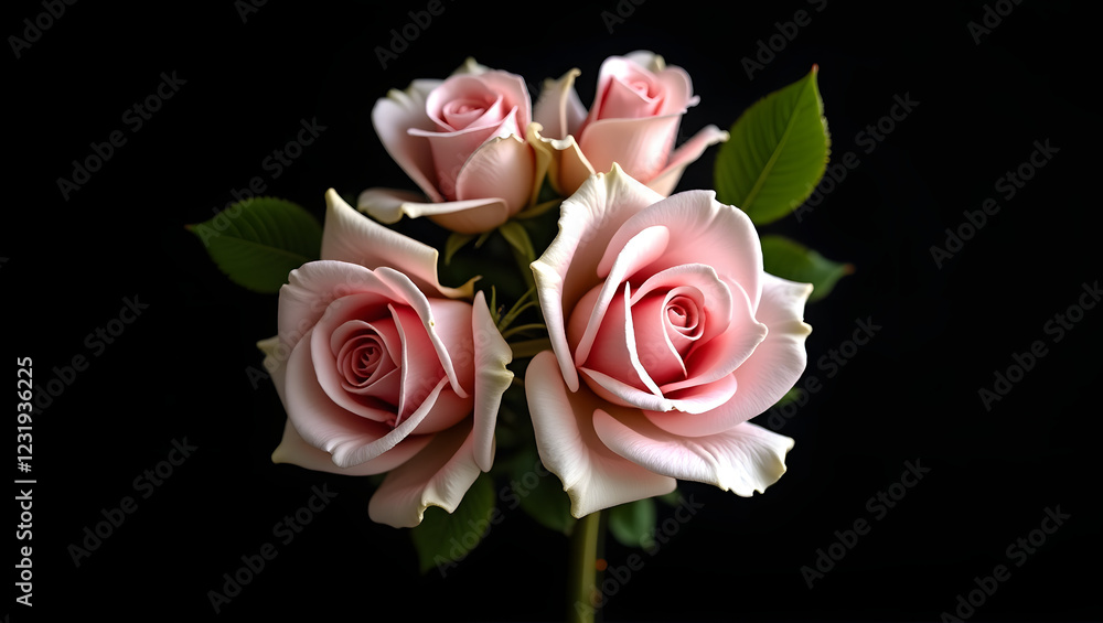 A graceful bouquet of soft pink roses, their petals delicately layered and fresh with dew, surrounded by tender green leaves, placed on a dark black background