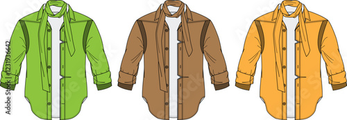 Fashion Shirts Design Template: Three Colors Long Sleeve Button Down Blouse