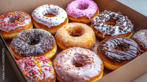 Wallpaper Mural A high-angle view of a box of assorted donuts with an open lid, showcasing a mix of flavors and designs, perfect for a morning treat. Torontodigital.ca
