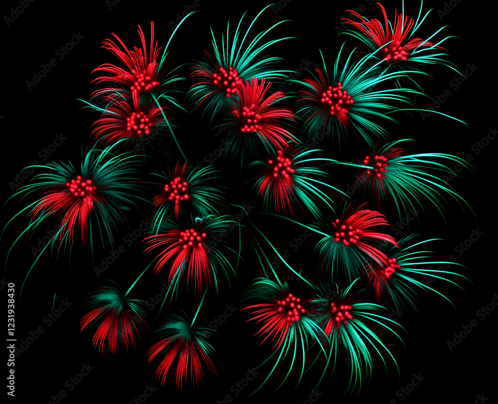 Vibrant red and green fireworks blooming in the night sky, Vibrant red and green fireworks blooming in the night sky,