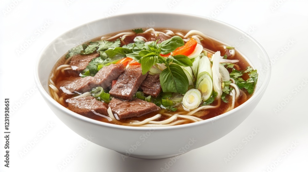 A high-resolution image of a bowl of steaming noodles with fresh vegetables, herbs, and slices of meat, set against a clean, white background to highlight the dishs vibrant colors. A high-resolution image of a bowl of steaming noodles with fresh vegetables, herbs, and slices of meat, set against a clean, white background to highlight the dishs vibrant colors.