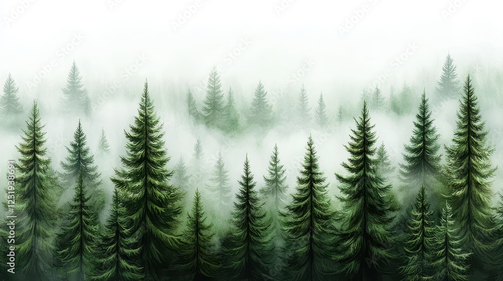 Obraz premium Lush green pine trees rise through a soft mist, creating a serene forest landscape that evokes tranquility and connection with nature.