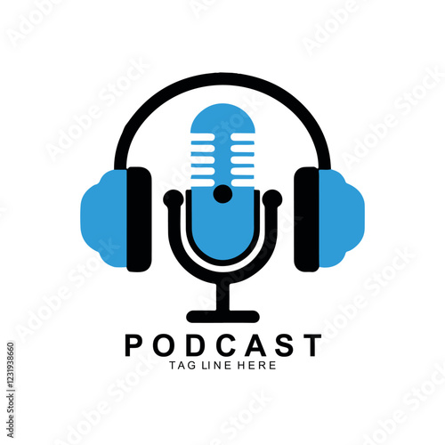 podcast logo, vintage microphone headphones, sound waves, blue and black color scheme, minimalist design, iconic symbols