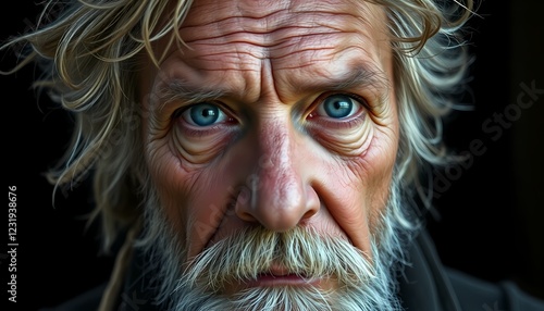 A close-up portrait of an elderly man with deep wrinkles, striking blue eyes, and a rugged beard. His hair is tousled and wild, conveying a sense of wisdom and intensity. The background is dark, empha photo