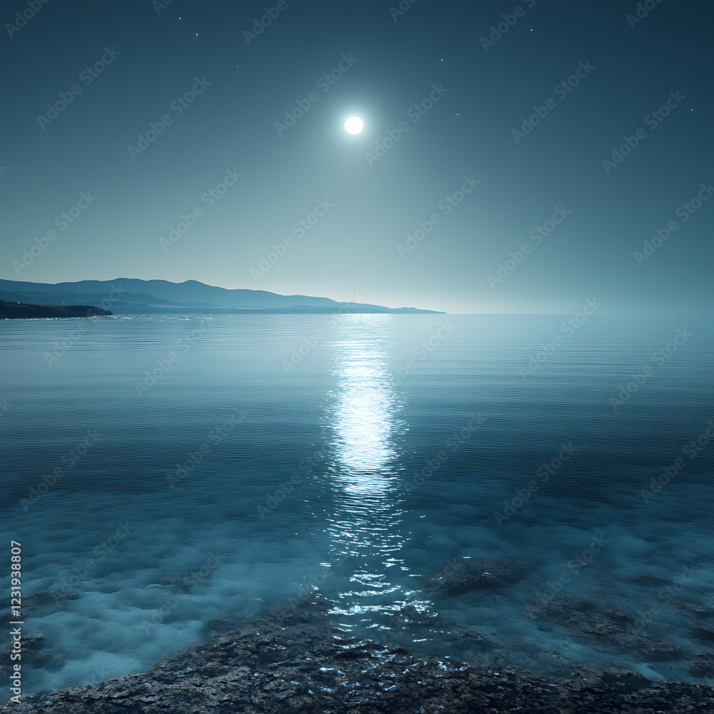 Fototapeta premium tranquil moonlit bay with a gentle shoreline, crystal clear water, and a soft mist hanging over the water’s surface