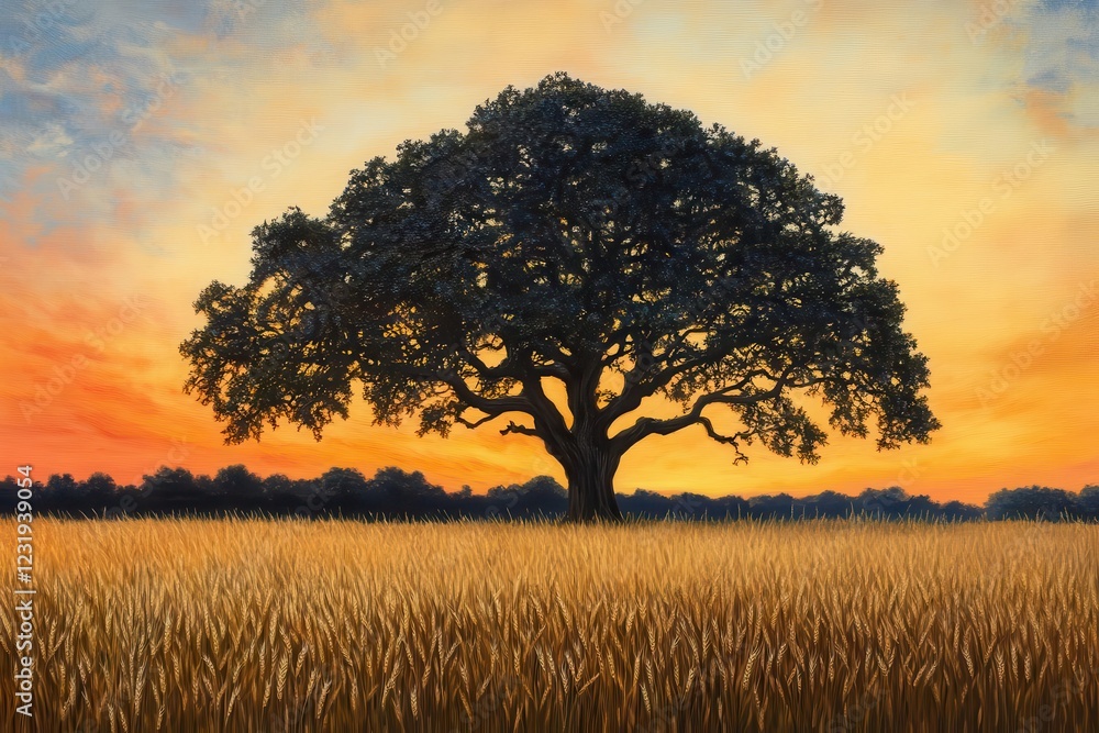 Fototapeta premium a majestic ancient oak tree stands solitary in a golden wheat field at sunset, branches silhouetted against a gradient sky of deep orange to twilight blue