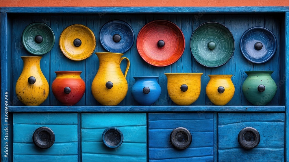 Fototapeta premium Colorful ceramic pots and bowls arranged on a vibrant blue shelf, showcasing a mix of shapes and colors for artistic appeal.