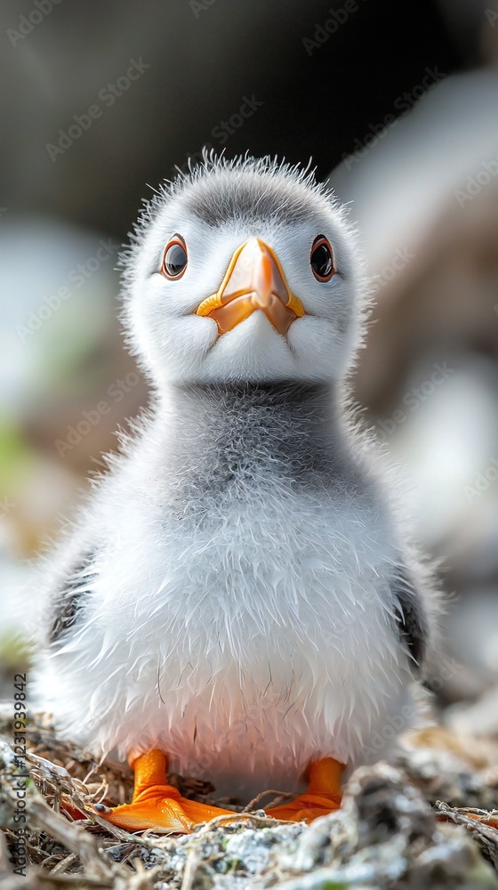 Fototapeta premium HD Phone Wallpaper Adorable Puffin Chick Portrait Close up of a Fluffy Baby Seabird in its Nest