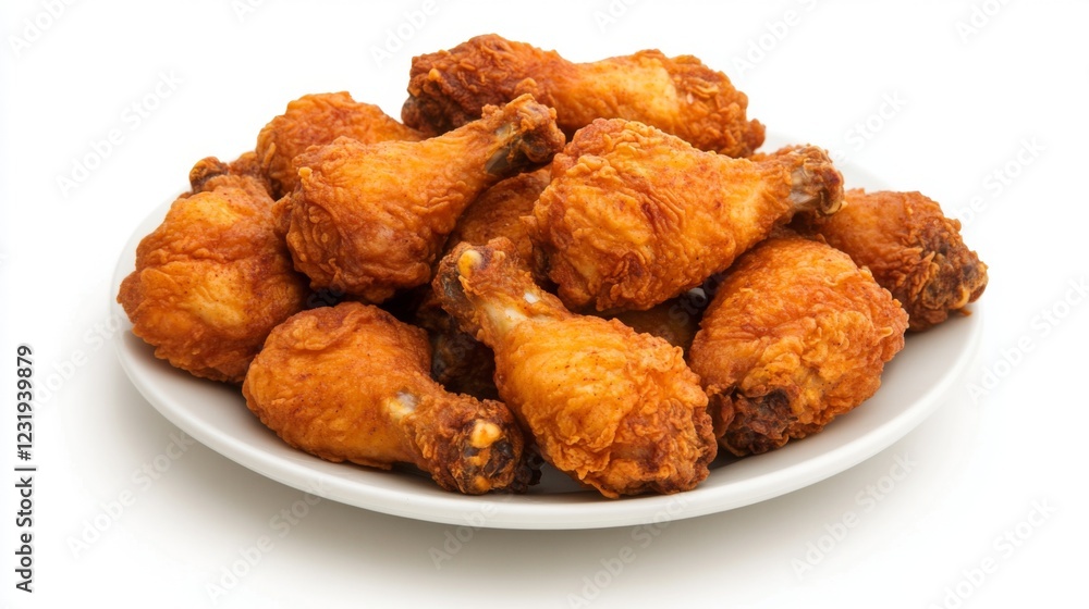 A high-resolution image of a plate of fried chicken with a white background, featuring a variety of pieces including drumsticks and wings, arranged appetizingly. A high-resolution image of a plate of fried chicken with a white background, featuring a variety of pieces including drumsticks and wings, arranged appetizingly.