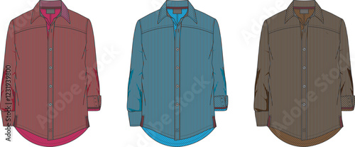 Men's Fashion Striped Shirt Design Template, Long Sleeve Button Down Shirt Technical Flat Sketch