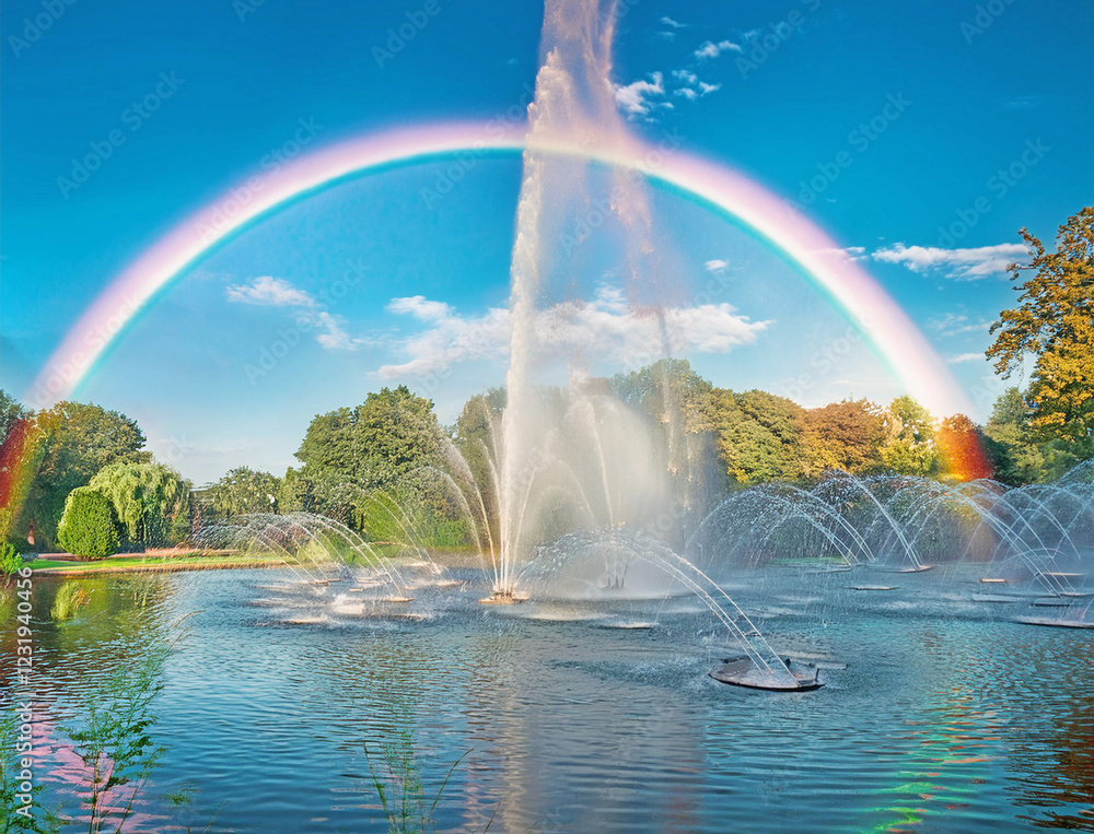 Fototapeta premium 虹が見える噴水のある公園