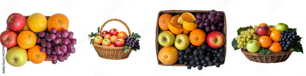 set of A basket of fresh apples, oranges and grapes, A fruit basket of apples, oranges and, grapes, A basket filled with fresh apples, oranges and grapes, on a transparent backgrounds set of A basket of fresh apples, oranges and grapes, A fruit basket of apples, oranges and, grapes, A basket filled with fresh apples, oranges and grapes, on a transparent backgrounds