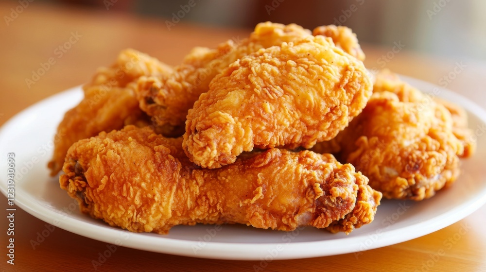 A high-resolution image of crispy, golden-brown fried chicken pieces arranged neatly on a white plate, with a focus on the crunchy texture and delicious appearance. A high-resolution image of crispy, golden-brown fried chicken pieces arranged neatly on a white plate, with a focus on the crunchy texture and delicious appearance.