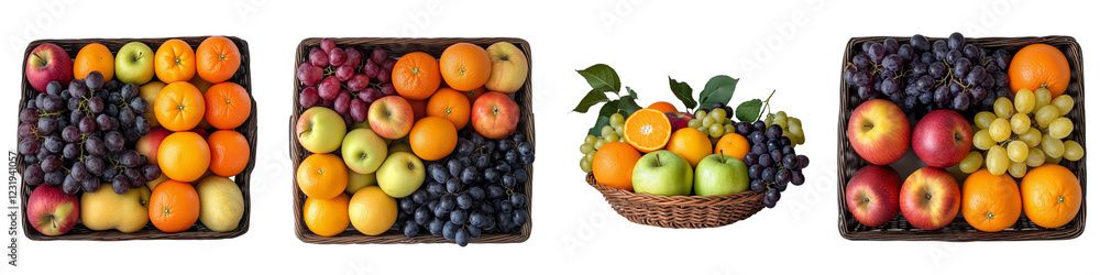 set of A basket of fresh apples, oranges and grapes, A fruit basket of apples, oranges and, grapes, A basket filled with fresh apples, oranges and grapes, on a transparent backgrounds set of A basket of fresh apples, oranges and grapes, A fruit basket of apples, oranges and, grapes, A basket filled with fresh apples, oranges and grapes, on a transparent backgrounds