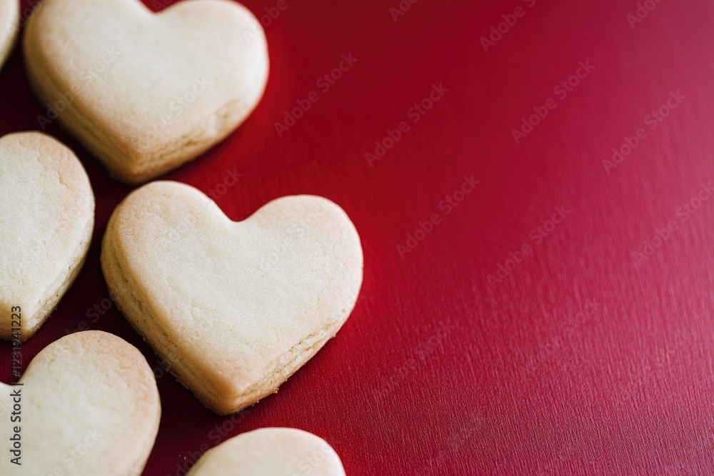 Obraz premium A batch of heart-shaped cookies arranged on a bright red surface