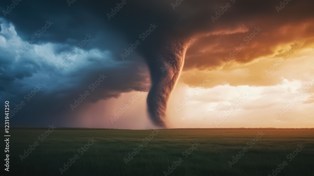 A dramatic tornado descends from dark storm clouds, contrasting with a warm sunset, creating a breathtaking and intense weather scene. A dramatic tornado descends from dark storm clouds, contrasting with a warm sunset, creating a breathtaking and intense weather scene.