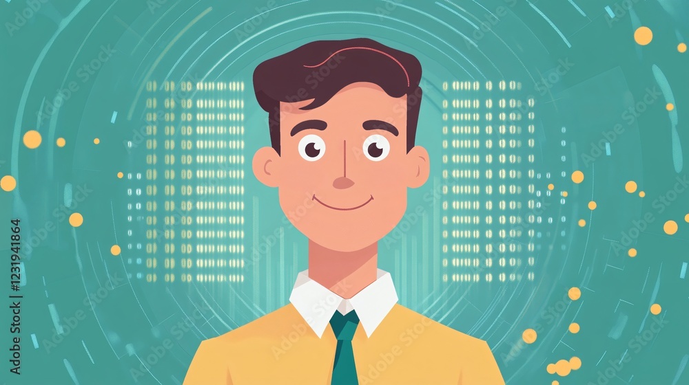 Dynamic Young Professional Portraying Joy Against Binary Code Background Dynamic Young Professional Portraying Joy Against Binary Code Background