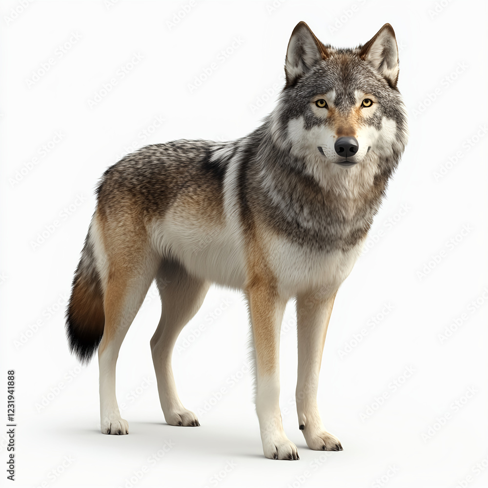 Fototapeta premium A photorealistic, hyper-realistic full-body wolf standing on a white background, with no shadow under the animal.