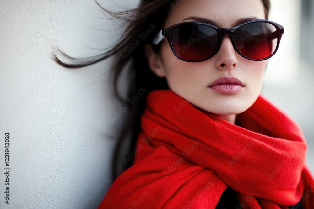A person wearing sunglasses and a red scarf, perfect for various outdoor and fashion uses A person wearing sunglasses and a red scarf, perfect for various outdoor and fashion uses
