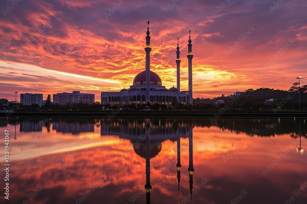 Obraz premium a modern mosque silhouetted against a dramatic orange and purple sunset sky, with graceful minarets piercing the clouds