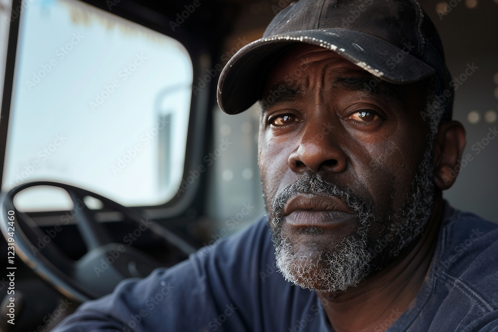 Generative AI portrait of a smiling truck driver inside a vehicle, showcasing a confident and professional demeanor Generative AI portrait of a smiling truck driver inside a vehicle, showcasing a confident and professional demeanor
