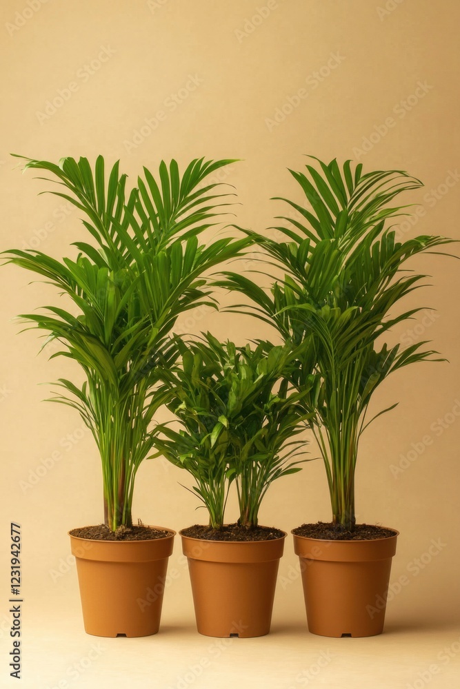 Obraz premium Three small potted plants sit on top of a wooden table, surrounded by empty space