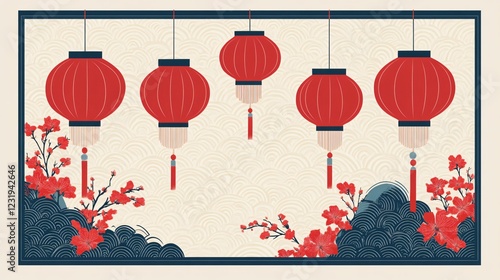 Vibrant Chinese Lanterns on Ornamental Asian Background Pattern for Festive Decor and Design Elements