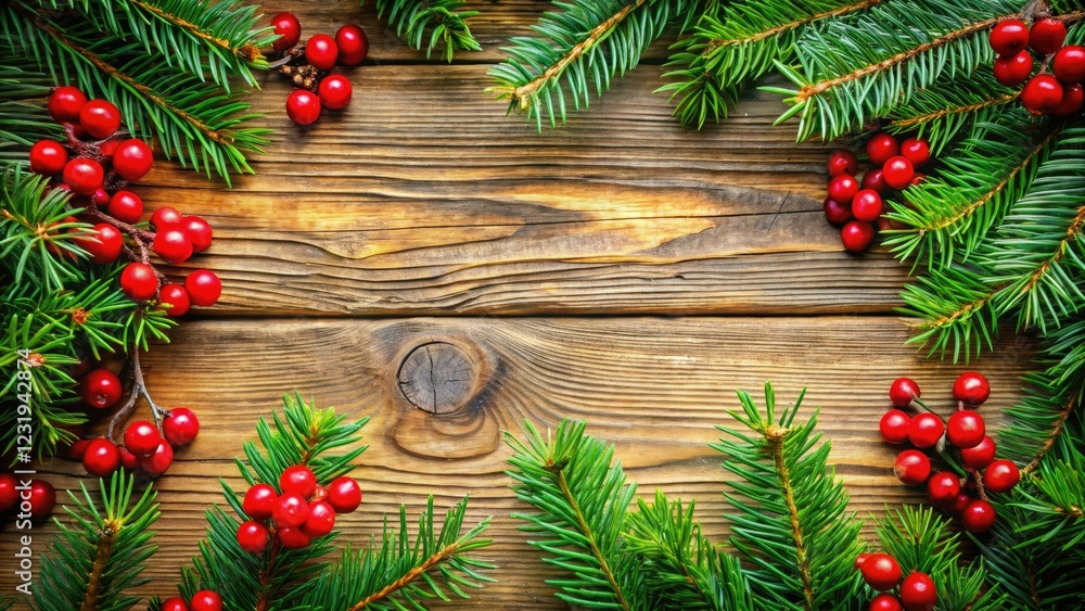 Rustic wood texture, pine branches, and red berries create a festive winter wonderland Christmas card design. Rustic wood texture, pine branches, and red berries create a festive winter wonderland Christmas card design.