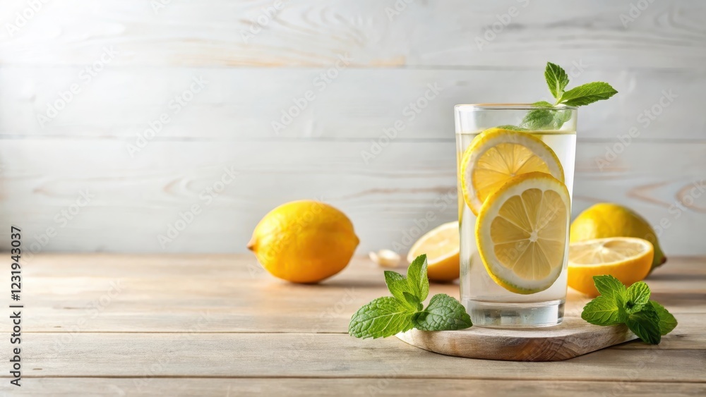 Fototapeta premium Refreshing Lemon and Mint Infused Water in a Glass on Wooden Surface