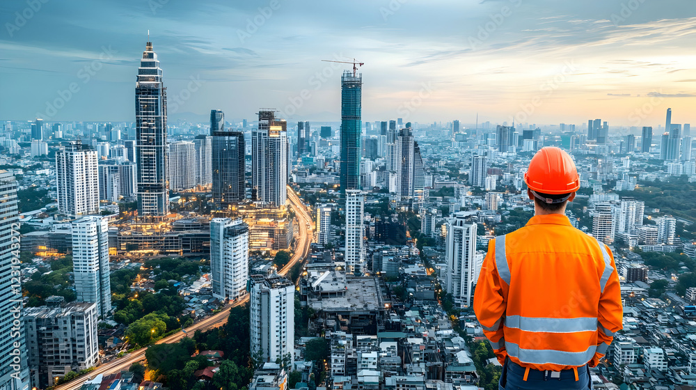 Naklejka premium Engineer overlooking cityscape at sunset; urban development