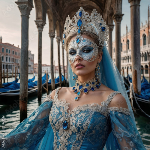 Venetian noblewoman in luxurious blue gown with ornate jeweled mask and crown photo