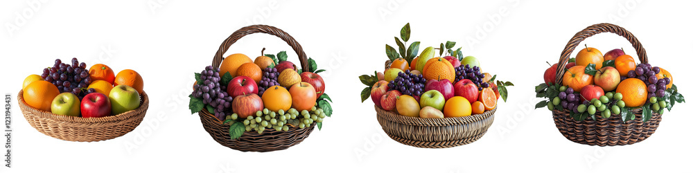 set of A basket of fresh apples, oranges and grapes, A fruit basket of apples, oranges and, grapes, A basket filled with fresh apples, oranges and grapes, on a transparent backgrounds set of A basket of fresh apples, oranges and grapes, A fruit basket of apples, oranges and, grapes, A basket filled with fresh apples, oranges and grapes, on a transparent backgrounds