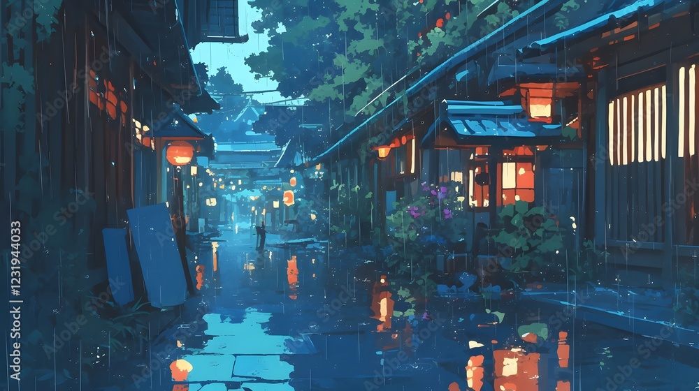 Rainy Alley in Japanese Village with Lanterns and Reflections