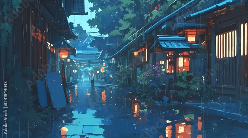 Obraz na płótnie Rainy Alley in Japanese Village with Lanterns and Reflections w salonie