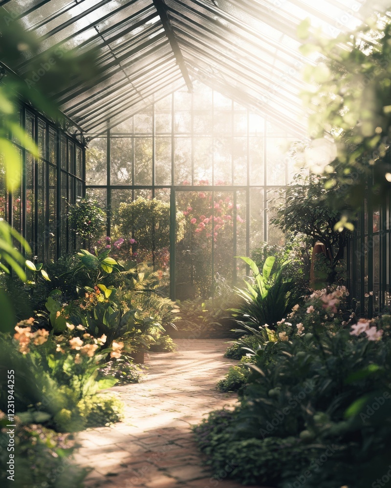 A serene greenhouse filled with vibrant plants and flowers, sunlight streaming through glass panels, creating a warm atmosphere for relaxation and inspiration A serene greenhouse filled with vibrant plants and flowers, sunlight streaming through glass panels, creating a warm atmosphere for relaxation and inspiration