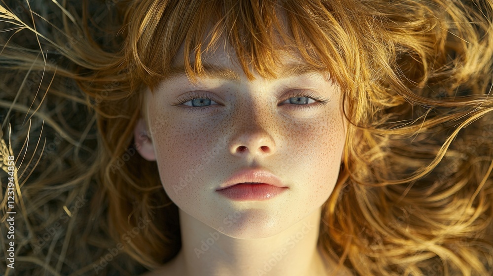 Naklejka premium Radiant Young Redhead with Freckles Against Natural Background