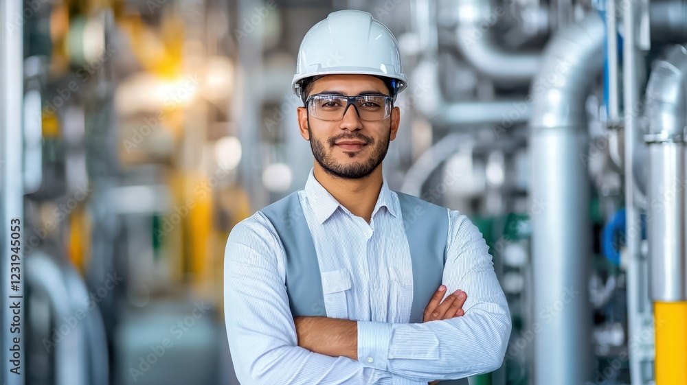 A confident worker in a hard hat and glasses stands in an industrial setting, surrounded by pipes and machinery. A confident worker in a hard hat and glasses stands in an industrial setting, surrounded by pipes and machinery.