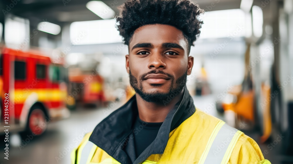 A confident firefighter in a reflective yellow safety jacket stands in a busy industrial setting, showcasing professionalism and readiness. A confident firefighter in a reflective yellow safety jacket stands in a busy industrial setting, showcasing professionalism and readiness.