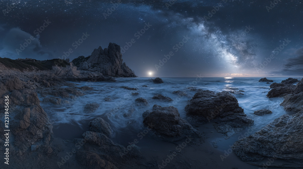 Fototapeta premium Night sea landscape with moon, stars and clouds in dark sky. Vector cartoon illustration of midnight scene of ocean waves with rocks and moonlight reflection