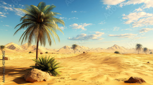 Desert oasis and palm tree landscape background. Rock boulder terrain in sahara with water mirage. African journey panorama with tropical plant and drought land panoramic journey illustration