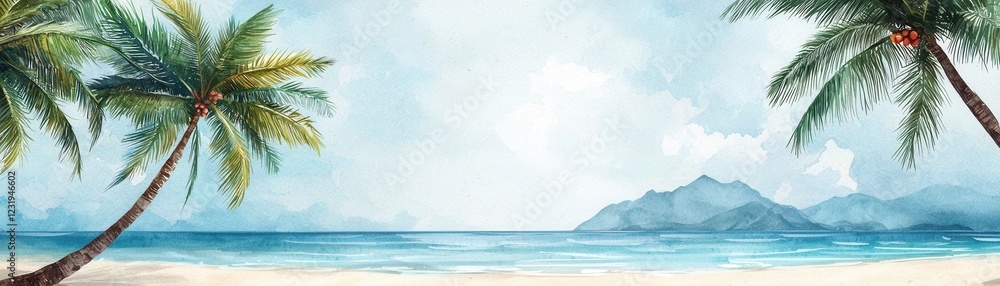 Fototapeta premium A serene beach scene with palm trees framing a tranquil ocean view and distant mountains under a soft, cloudy sky.