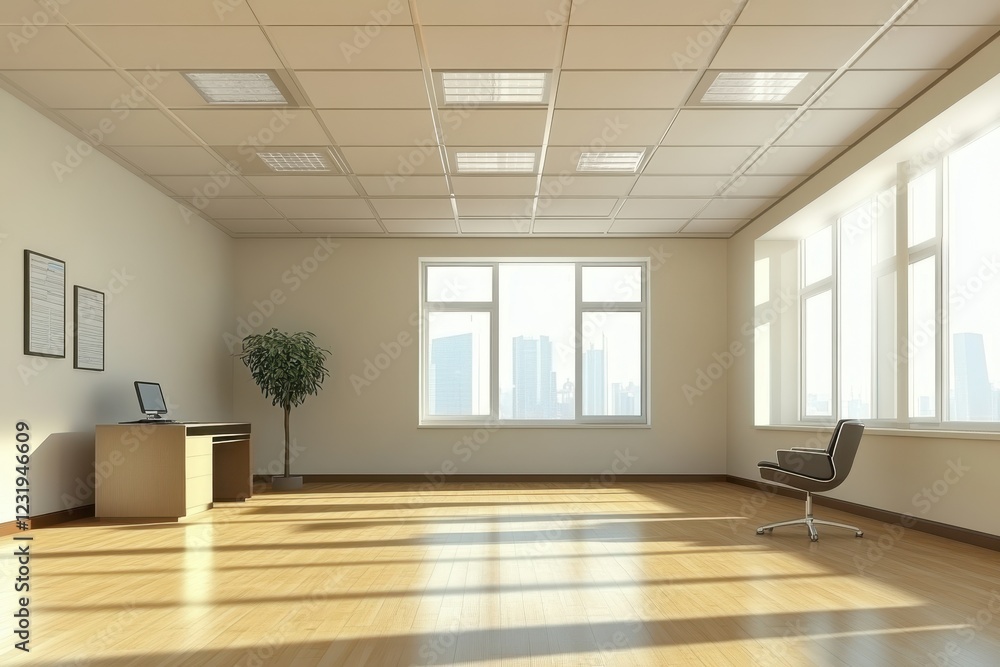 Sunlit modern office, cityscape view, empty desk, chair Sunlit modern office, cityscape view, empty desk, chair