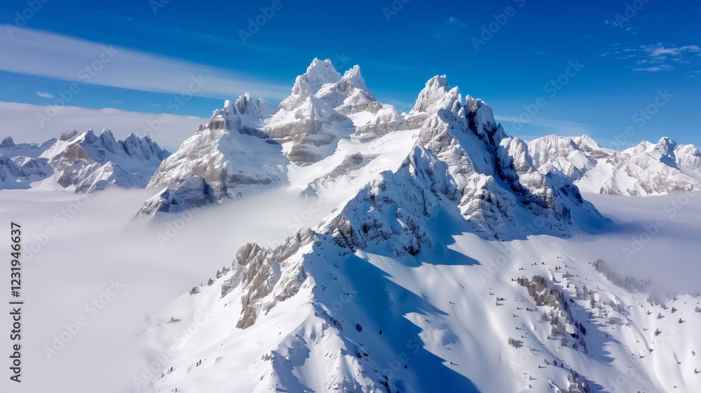 Obraz premium Aerial View of Snow Covered Mountain Peaks in Winter